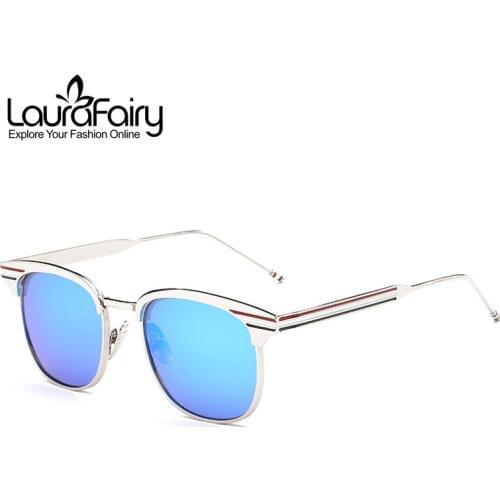 Laura Fairy Fashion Cateye Sunglasses Men Women Brand Designer Red White Black Line Decoration Alloy Mirrored Sun Glasses LF8092