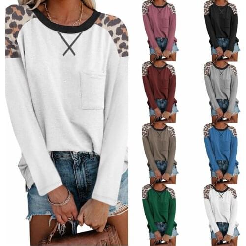 2021 Autumn and Winter New Ladies Top Round Neck Leopard Print Stitching Pocket T-shirt Long-sleeved Loose Plus Size Womens Top