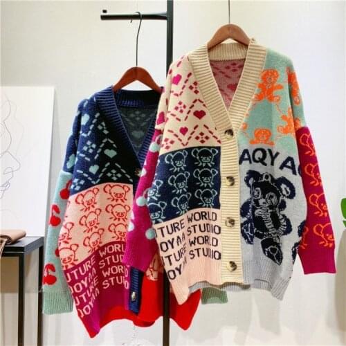 EBAIHUI Autumn Women Casual Cardigan Sweater Long Sleeve Loose Knit Tops Chic Korean Kawaii Print Fashion Button Up Sweaters