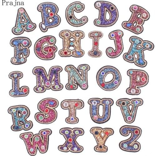 Prajna Letter Rhinestone Patch English Alphabet A-Z Beaded Patches Iron On Embroidered Patches For Clothes Stripe Applique Badge