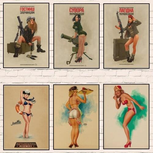 World War II PINUP GIRLS Classic Retro Kraft Paper Poster Sexy girl Decorative Painting Military Bar Cafe Home Room Decorb