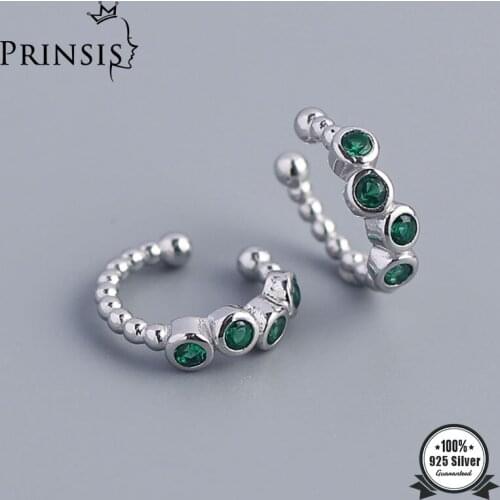 PrinSis Real 925 Sterling Silver Green Sparkling CZ Ear Cuff Clip On Earring For Women Wedding Party Fine S925 Jewelry DD1129
