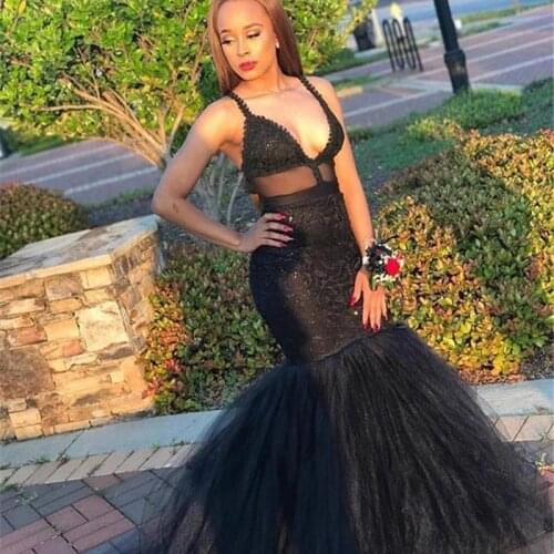 Sexy Illusion Black Prom Dresses Deep V Neck Tulle And Lace Mermaid Evening Gowns Sequins Black Girls Party Dress Custom Size