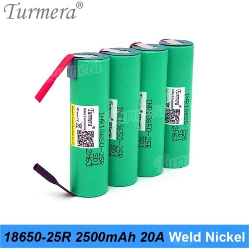 Turmera New 25R 18650 2500mAh Battery 20A with Welding Nickel for 12V 14.4V 18V 21V 25V Electric Drill Screwdriver Batteries Use