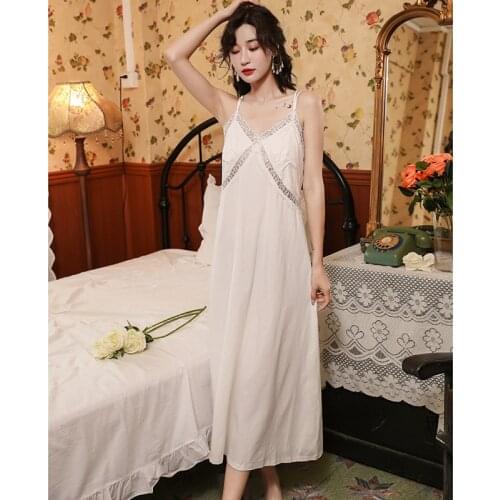 Cotton Long Sling Dress Nightdress Womens Spring Summer Lace Sexy Nightgown Backless Solid Color Home Wear Female Sleepwear