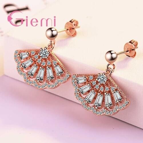 Elegant Dangle Earrings for Women New Stylish Fan Shape Silver Rose Gold Color Brincos Paved Shiny CZ Crystal Bijoux