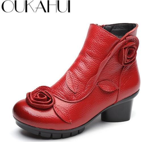 OUKAHUI Chinese style Handmade Genuine leather boots women martin winter shoes mid heel Side zipper applique fashion boots women