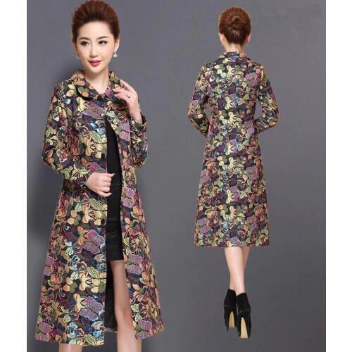 Winter Fall Women Female Slim 4xl 5xl Dobby Flower Colored Elegant Long Trench Coat , Spring Woman Overcoat Cardigan Trenchcoat