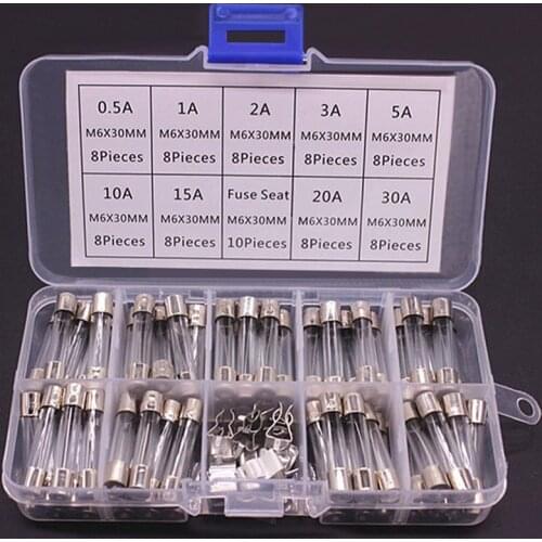 100/72pcs Car Fast-blow Glass Fuses Car Glass Tube Fuses 0.2-20A 0.5-30A Assorted Kit for Car Light Inflator vacuum Cleaner