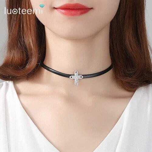 LUOTEEMI Punk Cross Women Necklace for Party Paved Tiny Cubic Zircon Leather Fashion Jewelry Choker Bijoux Christmas Gift