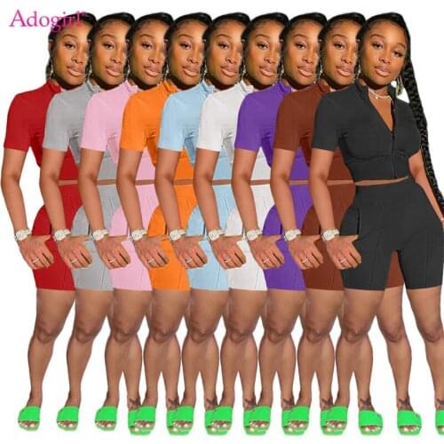 Adogirl Drop Shipping Wholesale Women Tracksuit Solid Two Piece Set Stand Collar Zipper Short Sleeve Crop Top Biker Shorts Suit