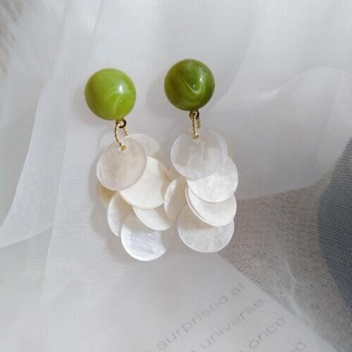 Korean Style Green Stone Geometric Round Disc Charm Ear Clips Natural Shell Tassel Clip Earrings No Piercing for Female Lady