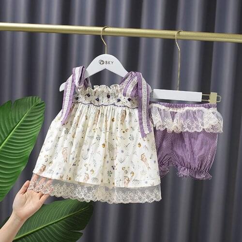 Girls 2pcs Princess Clothes Set Infants Baby Kids Children Summer Spaghetti Tops Flora Blouse+Lace Shorts Pants Outfit S12497