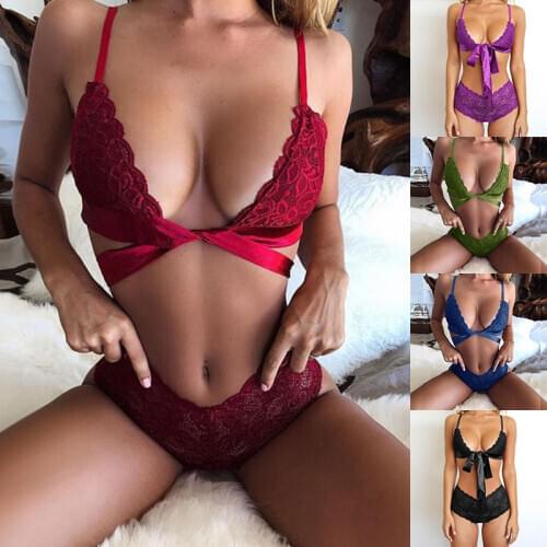 Babydoll Sleepwear fashion Lace Up Set Comfortable Briefs Sexy Ladies Underwear Floral Panties Bra Set Women Halter Lingerie