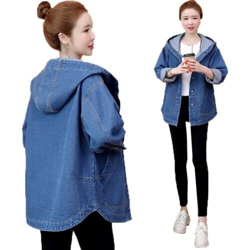 Large Size Hooded Denim Jacket Womens Long-Sleeved Loose 2021 New Spring Autumn 4XL Outerwear Jackets Fashion Jeans Female Coat