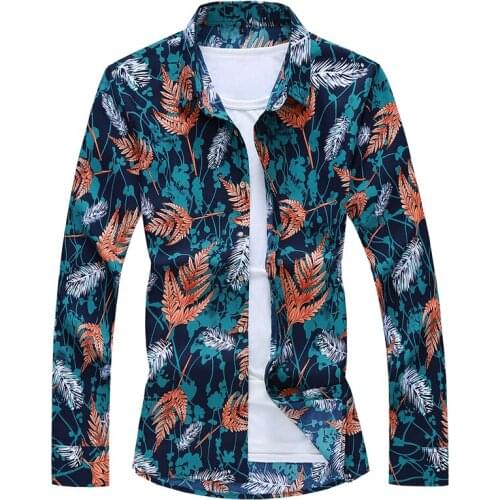 2019 New Mens flower Leaves printed Hawaiian Beach Casual shirt male Holiday Party Hip hop Slim Long Sleeve Dress Shirts 7XL
