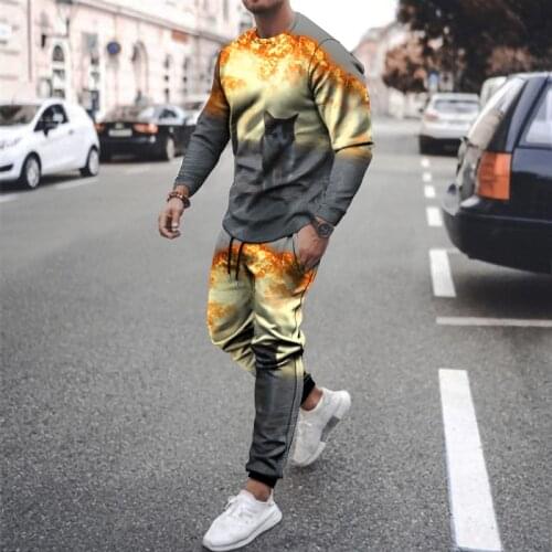 2021 new summer mens suit fitness suit sports suit comfortable and breathable long-sleeved T-shirt + trousers 2-piece set
