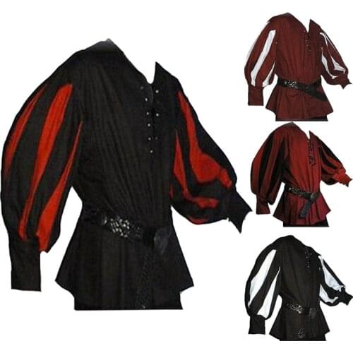 New Mens Medieval Warrior Knight Tunic Shirt Retro Belted Lansquenet Larp Pirate Costume Lace-Up Top Clothing For Paladin Plus