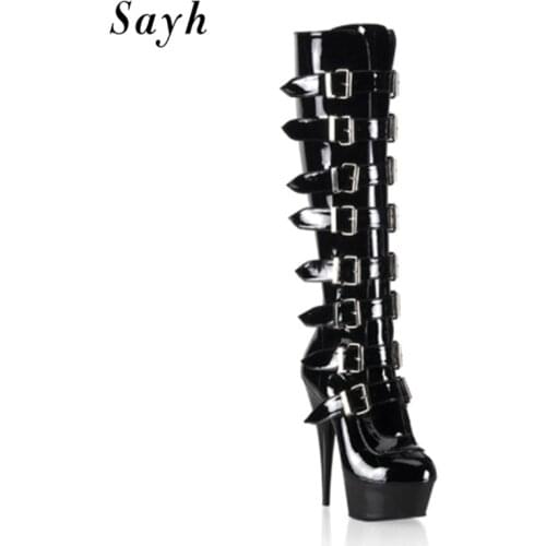 Sexy Lady Knee High Boots Woman Black 15cm High Heels Platform Buckle Boots Rock Party Stage Stripper Clubwear Boots Size Plus