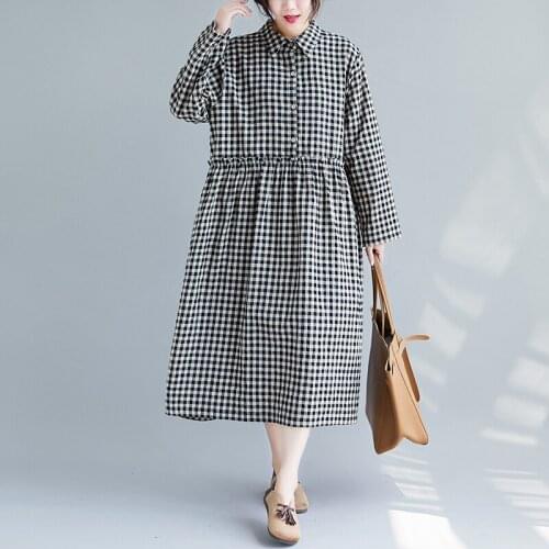 Spring Autumn Women Dress Plaid Long Sleeve A-Line Elegant Women Dress Loose Casual Female Fashion Dress