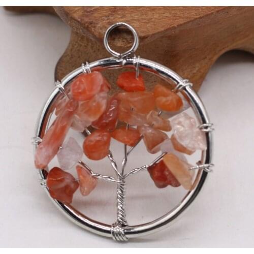 Natural Semi-Precious Stone Pendant Round Tree of Life Silver Wire Red Agate Charms for Jewelry Making DIY Necklace Accessories