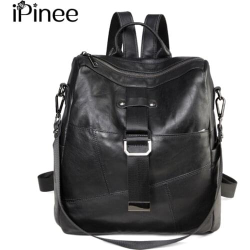 IPinee 100% Genuine Leather Daily Casual Backpack For Women Classic Black Students Schoolbag Vintage Lady Knapsack High Quality