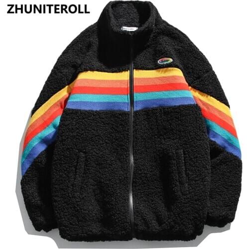 2021 Harajuku Furry Down Jackets Men Rainbow Striped Padded Zipper Coat Streetwear Hip Hop Fashion Winter Outwear Tops Clothing