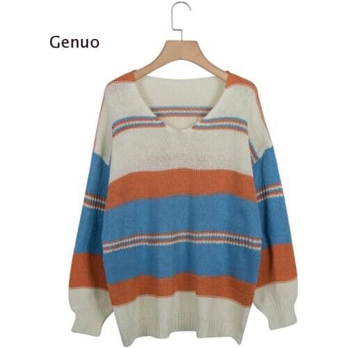 Sexy Winter Women V-Neck Long Sleeve Striped Color Block Knitted Pullover Sweaters Neck Patchwork Casual Loose Tops Plus Size