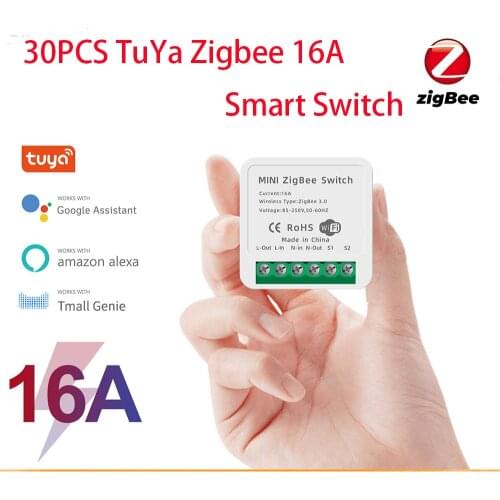 30PCS Tuya Zigbee 16A Mini Smart Wifi Switch Smart Home Automation Module Work with Alexa Google Home