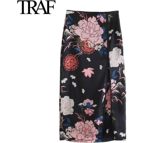 TRAF Women Clothing Chinese Fashion Black Long Skirts Summer 2021 Floral Side Zipper High Waist MIDI Skirt Mujer Faldas