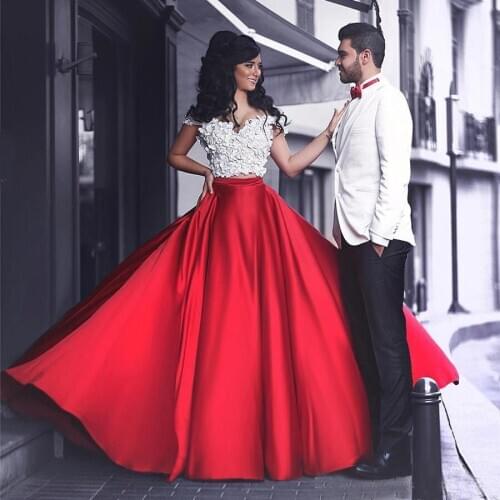 Abendkleider Off the Shoulder A-line White and Red Prom Dresses robe Floral Top Two Pieces Evening Dress vestidos longos