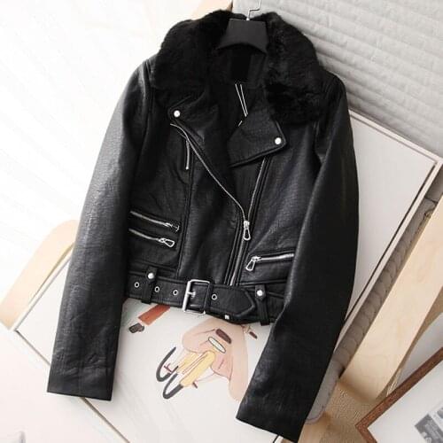 Winter Thicken Faux Leather Jacket Women Fashion High Waist Motor Jackets with Fur Collar