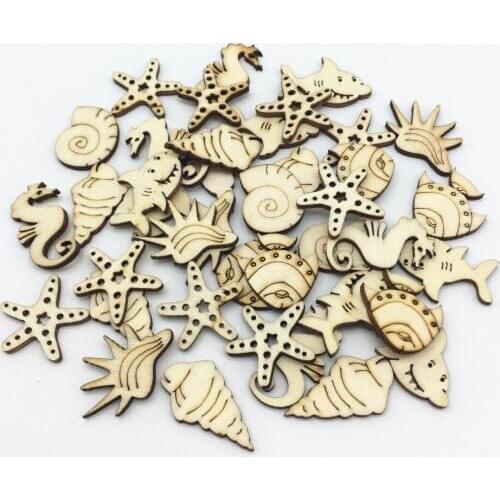 100pcs Rustic Wooden Mixed Marine Lifes Cutout Scrapbook Baby Shower Craft Decorations Seahorse Conch Starfish Shark