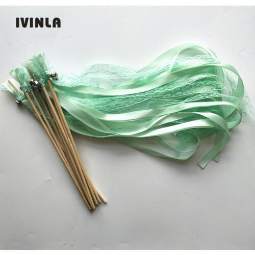 50pcs/lot light green Lace wedding ribbon wands with sliver bell for wedding decoration