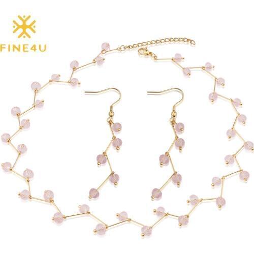 FINE4U N285 Bohemia Glass Crystal Beads Necklace Earrings Sets Stainless Steel Wedding Party Jewelry Set For Women