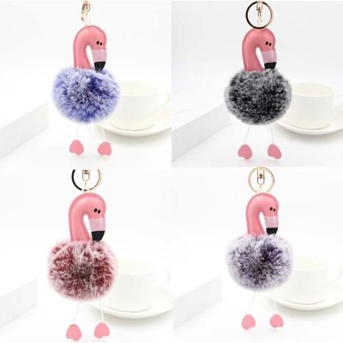Flamingo Keychain Faux Rabbit Hair Key Chain Fluffy Pompom Women Girl Keyring Bag Car Pendant Cute Animal Key Ring Holder Gift