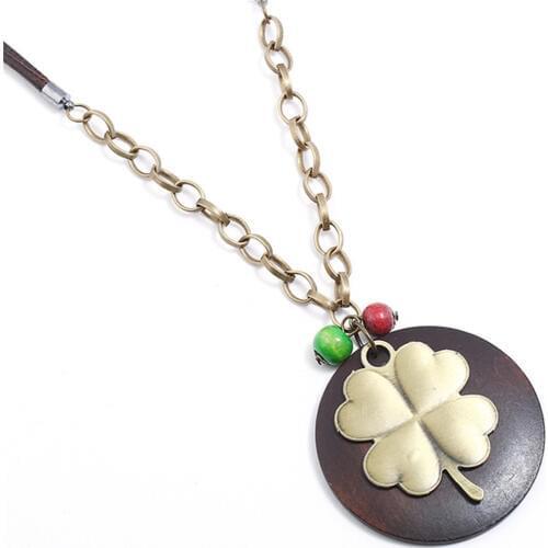 Four Leaf Clover Long Fashion Handmade Round Wood Vintage Alloy Bronze Leather Pendants Necklace Women Men Chain Jewelry