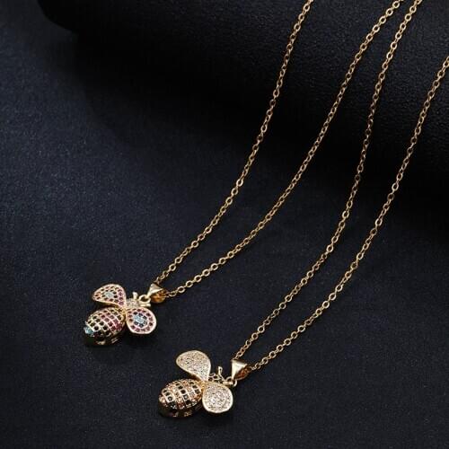 2020 New Stainless Steel Chain Copper Inlaid Color Zircon Bee Pendant Necklace For Women Charm Women Initial Necklace
