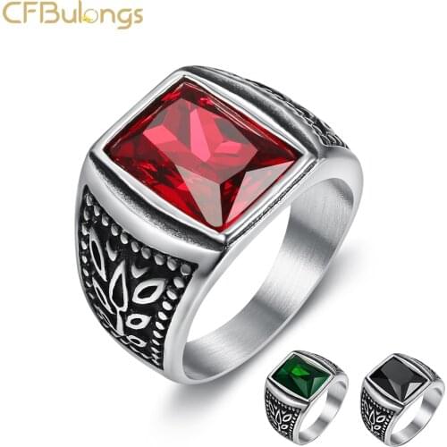 CFBulongs Stainless Steel Square Red Zircon Mens Ring Fashion Glamour Jewelry Accessories Party Gift