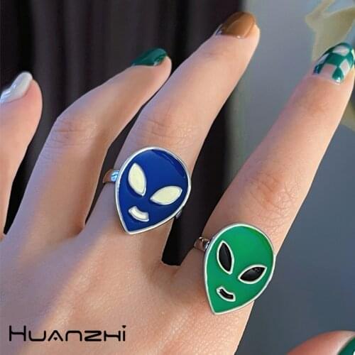 Design Individual Blue Green Glaze Alien Metal Rings For Women Man Daily Jewelry HUANZHI 2021 NEW Extraterrestrial Accessories