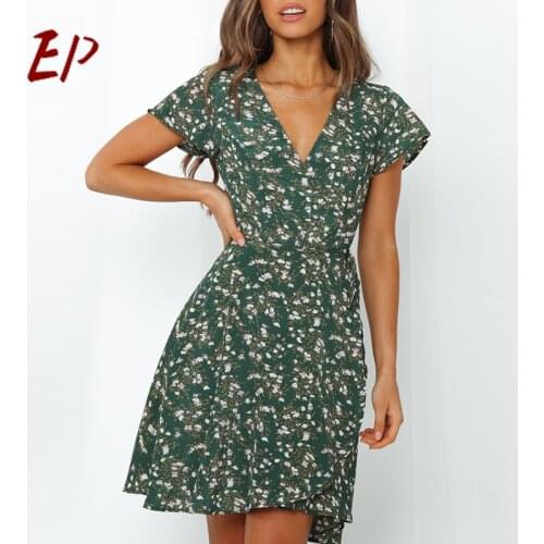 EP 2020 Female Fashion Summer Green Print Short Dress A-Line V-Neck High Waist Dresses For Women