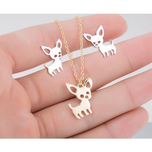 1 Set Lovely Chihuahua Baby Dog Stud Earrings And Necklace Copper Material Fashion Jewelry Set Korean Style Jewelry