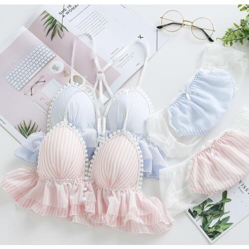 Blue & Pink Striped Beauty Back Womens Cute Bra & Panties Set Milk Silk Wirefree Soft Underwear Sleep Intimates Set Lolita