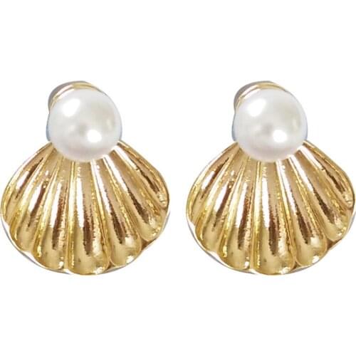 Korean temperament lady charm shell fashion wild metal back hanging pearl earrings Fashion Jewelry Wholesale