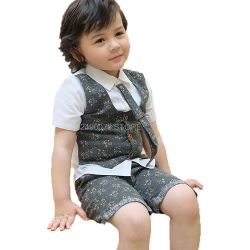 Flower Boys Wedding Suit School Kids Formal FakeVest Shirt Short 2Pcs Children Performance Host Dance Party Dress Costume