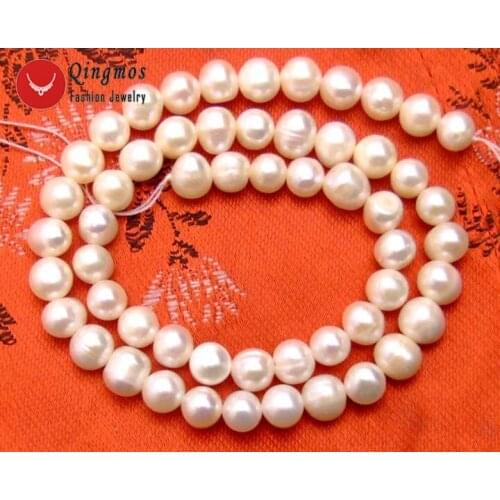 Qingmos 7-8mm Round Natural Freshwater White Pearl Loose Beads for Jewelry Making DIY Necklace Bracelet Earring Strand 14" l45