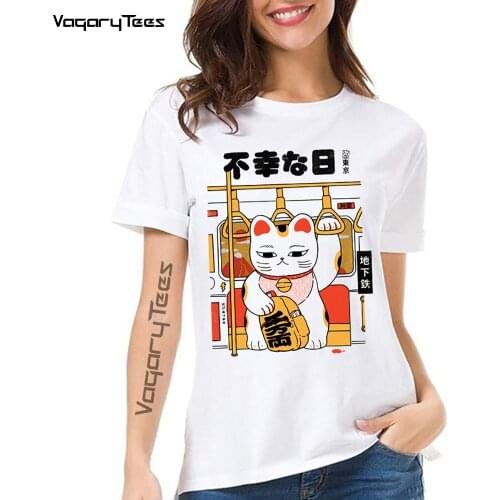 Summer new white casual Maneki Neko short sleeve Fortune Cat No lucky day print funny cartoon cat cute girl streetwear t shirt