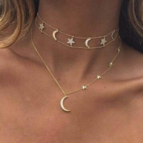 Fashion Multilayer Necklace Set Rhinestone Pendant Necklace Women Beads Moon Star Horn Crescent Chain Choker Necklaces Bijoux