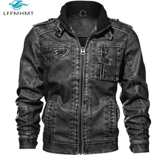 Men American Style Multi Pockets M-8XL Large Size Winter Fall Heavyweight Coats Male Stand Collar PU Leather Long Sleeve Jackets