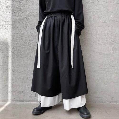 Autumn dark Yamamoto style haircut wide leg pants mens black-and-white contrast color fake two-piece casual pants hairstylist s